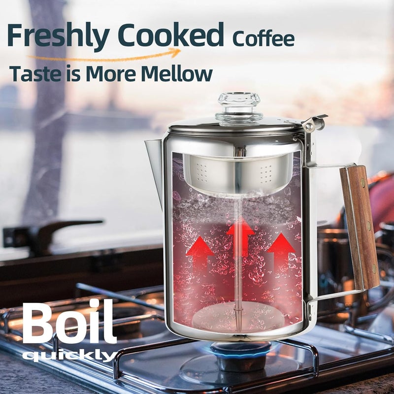 Mereza Camping Percolator Coffee Pot 12 Cup Stove Top Coffee Percolator Non Electric Coffee Maker Camping Stainless Steel Coffee Pot Outdoors Home No Aluminum & Plastic Fast Brew - Image 4